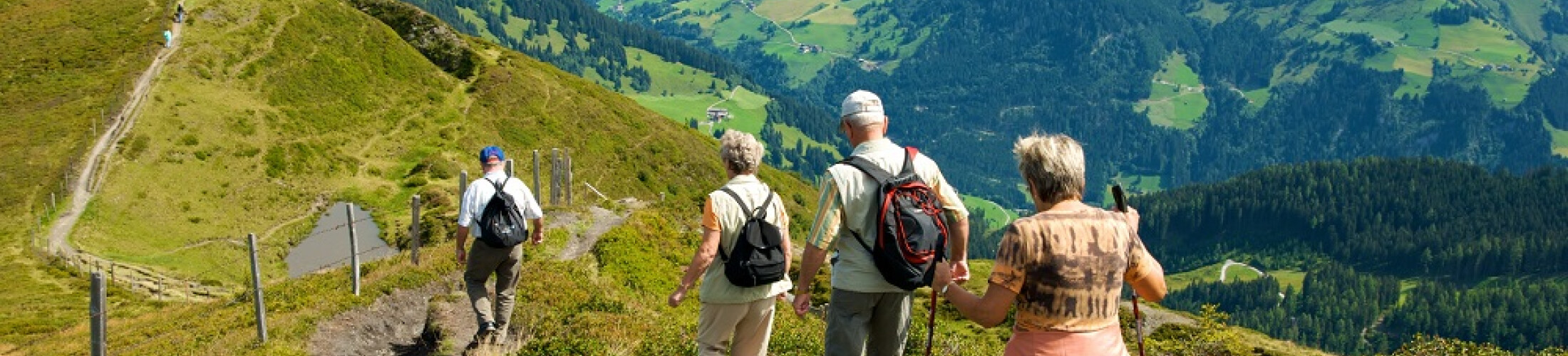 Personnes âgées faisant de la randonnée en montagne 